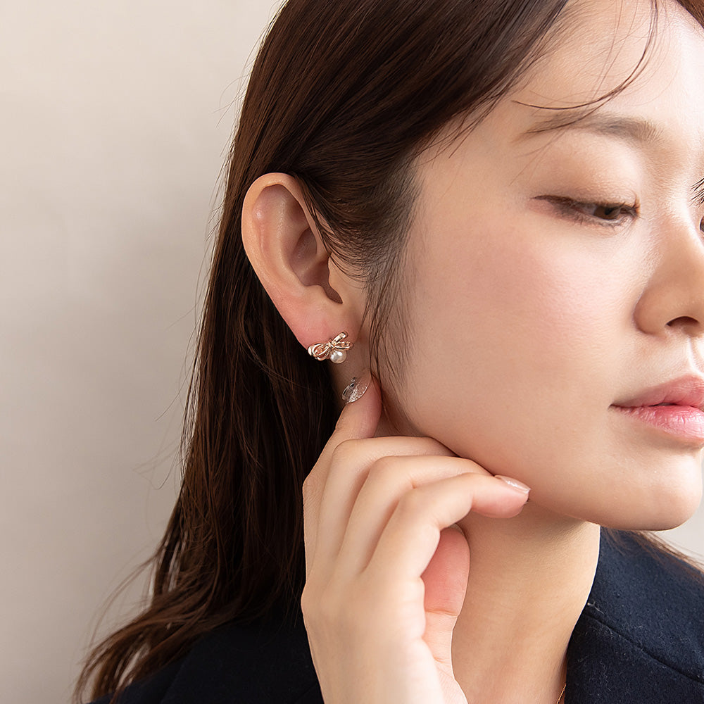 ピアス ニッケルフリー ロゼシルバー リボン チタンポスト スタッドピアス