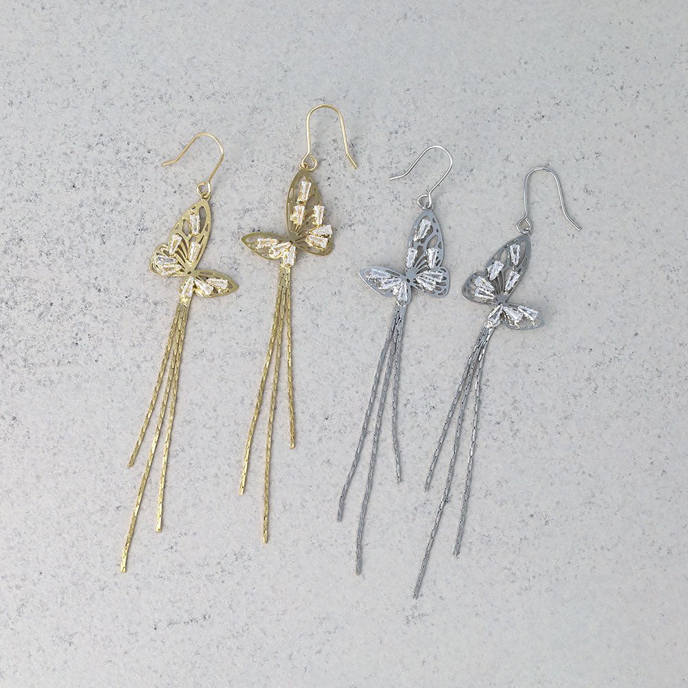 ピアス ニッケルフリー バタフライ ストーン チェーン ロング フックピアス