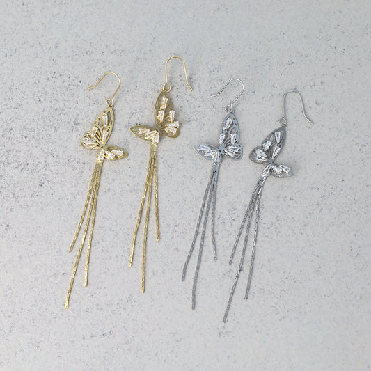 ピアス ニッケルフリー バタフライ ストーン チェーン ロング フックピアス