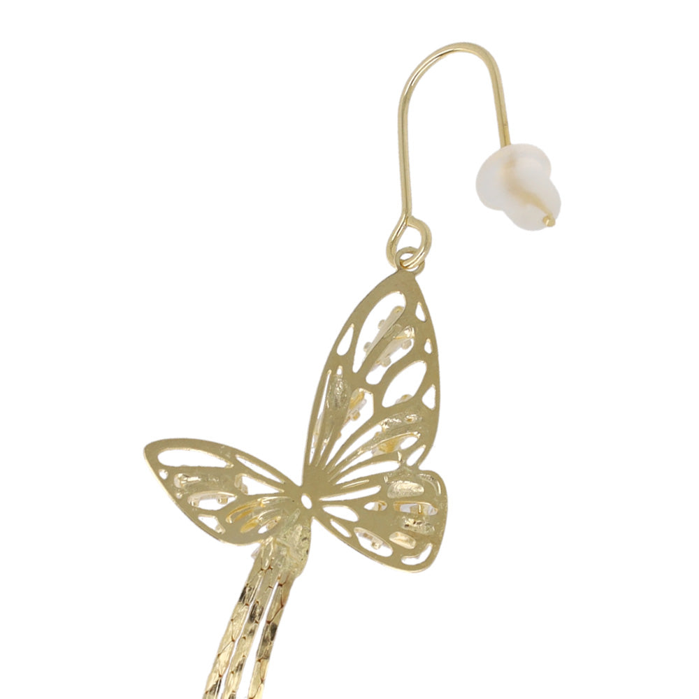 ピアス ニッケルフリー バタフライ ストーン チェーン ロング フックピアス