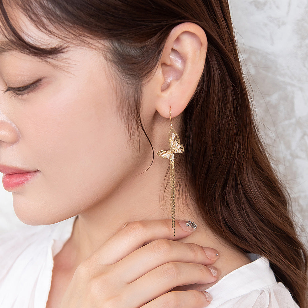 ピアス ニッケルフリー バタフライ ストーン チェーン ロング フックピアス