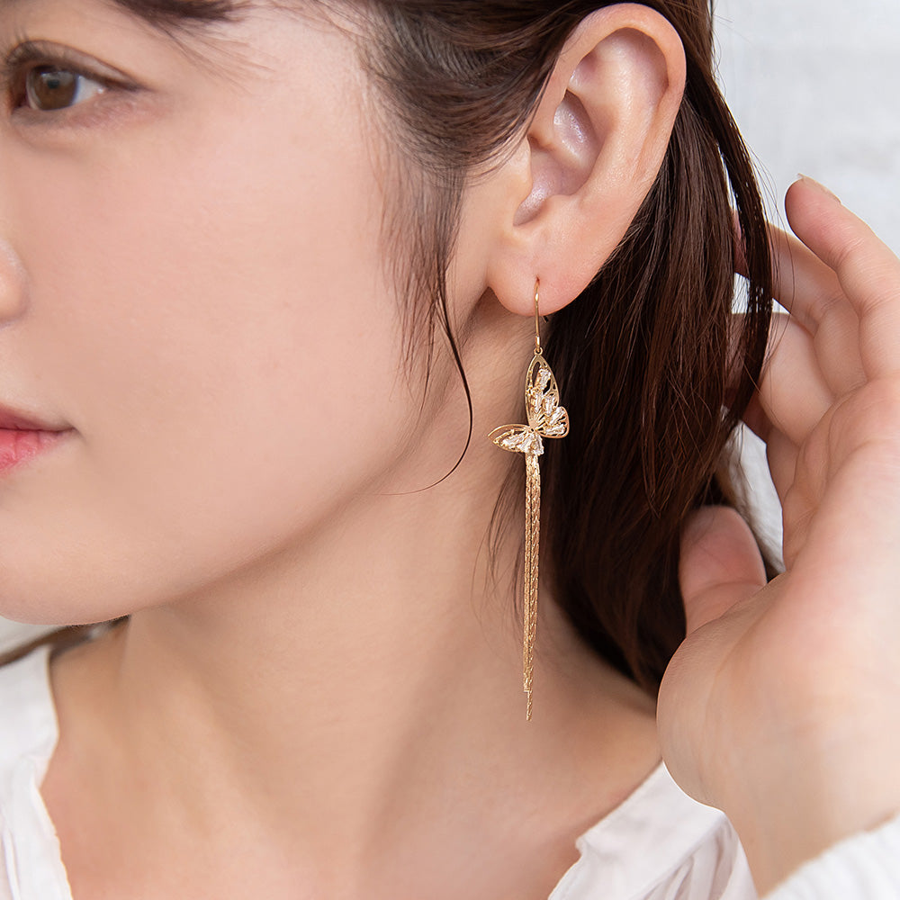 ピアス ニッケルフリー バタフライ ストーン チェーン ロング フックピアス
