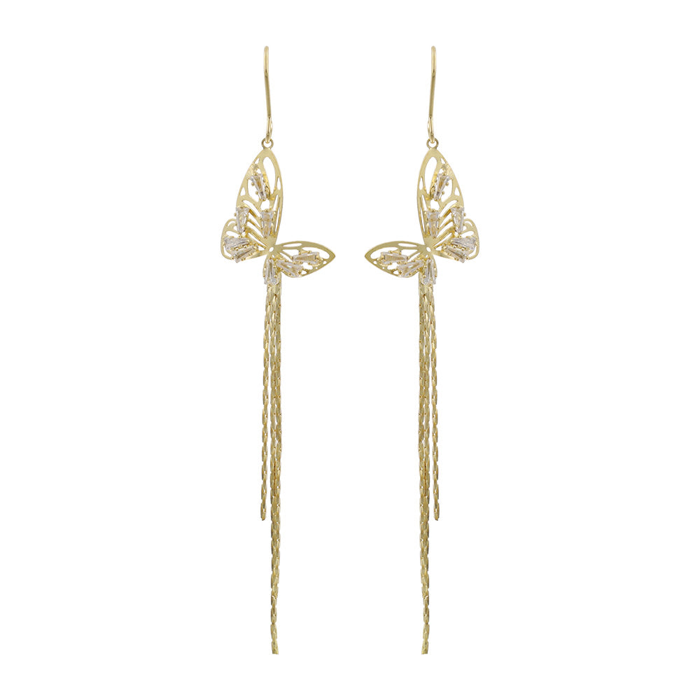 ピアス ニッケルフリー バタフライ ストーン チェーン ロング フックピアス