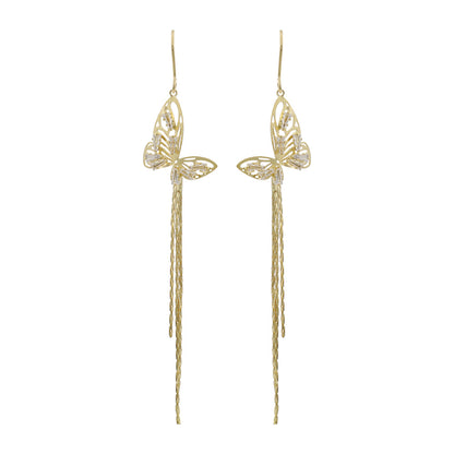 ピアス ニッケルフリー バタフライ ストーン チェーン ロング フックピアス