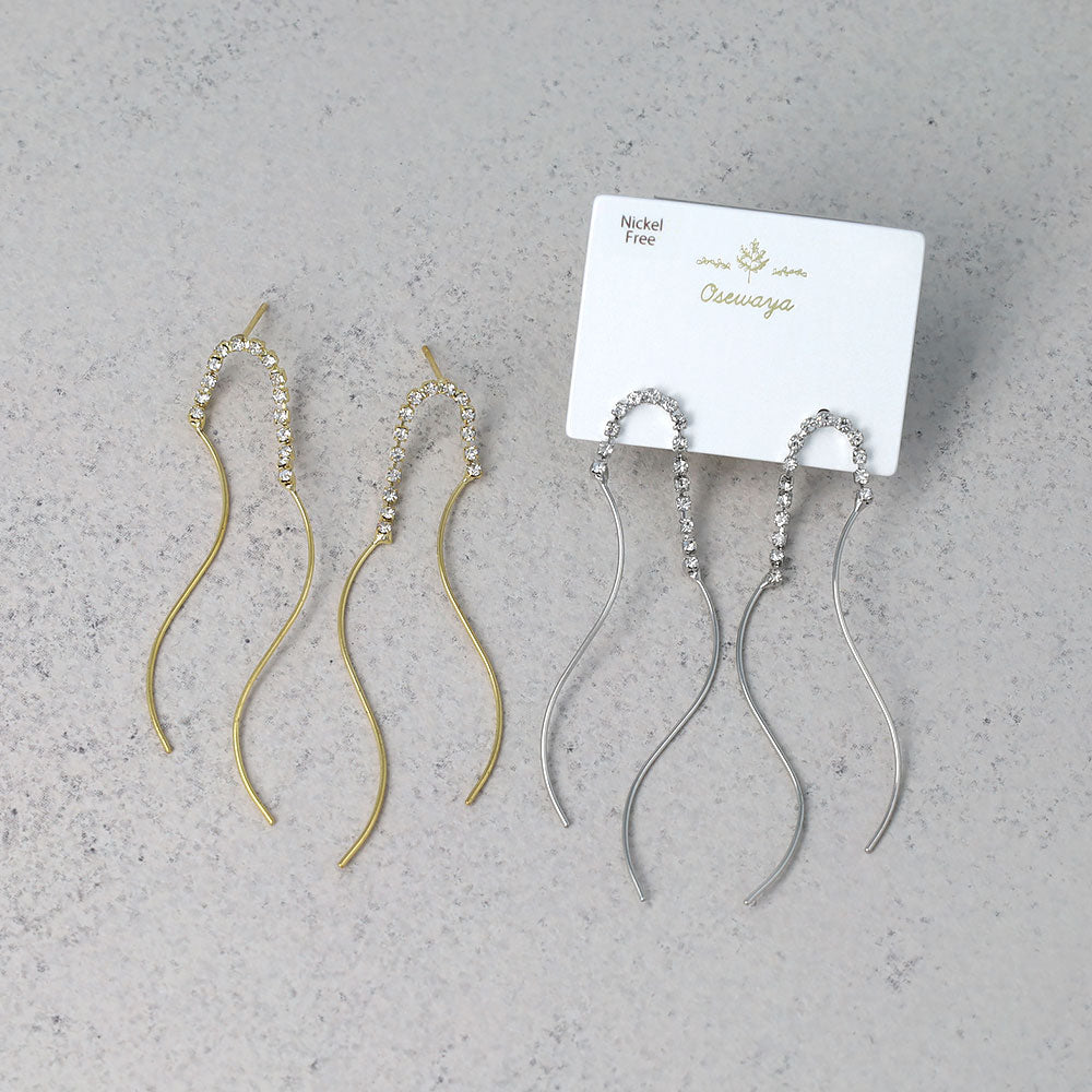 ピアス ニッケルフリー メタル ダブル ウェーブライン ストーン スタッドピアス