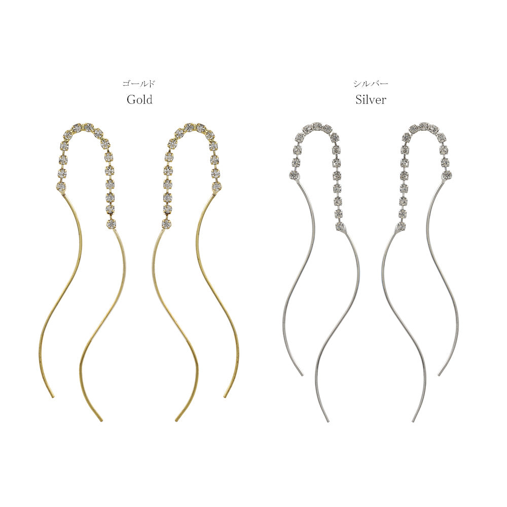 ピアス ニッケルフリー メタル ダブル ウェーブライン ストーン スタッドピアス