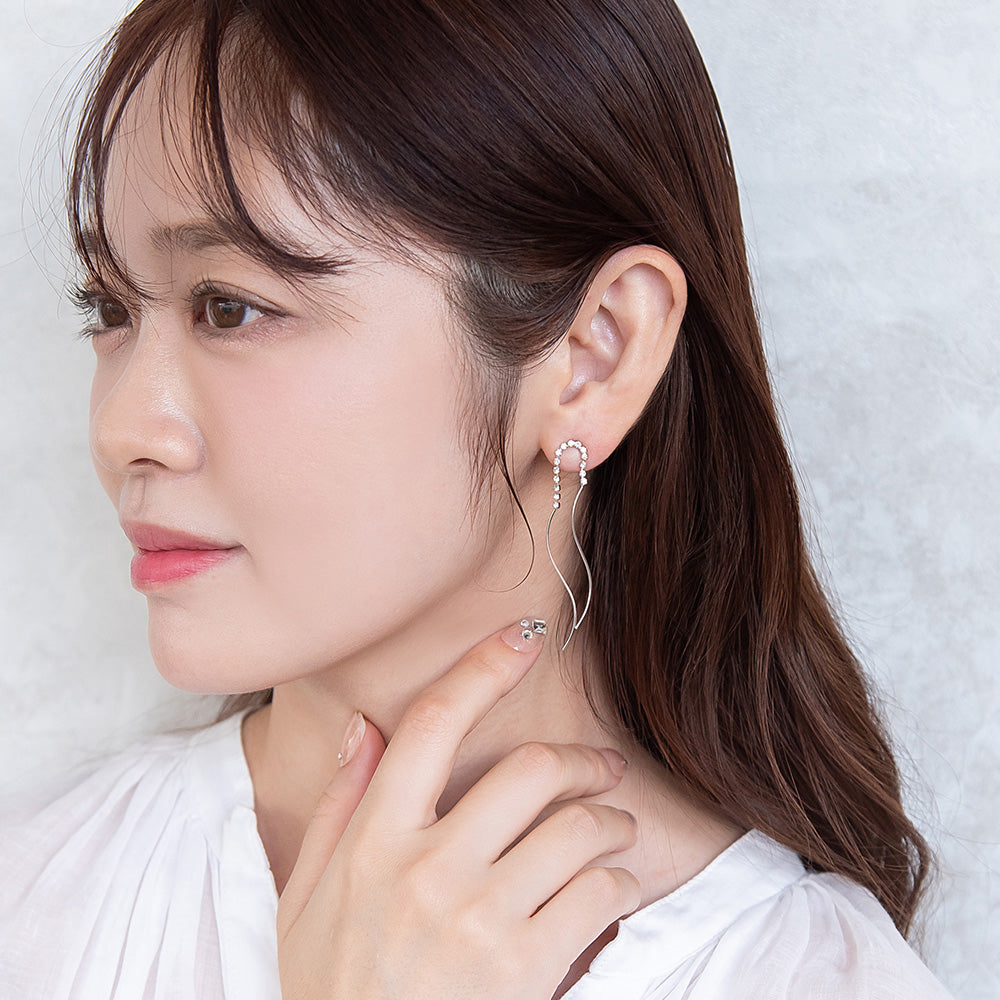 ピアス ニッケルフリー メタル ダブル ウェーブライン ストーン スタッドピアス