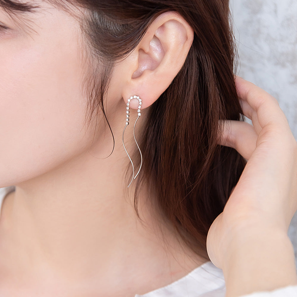 ピアス ニッケルフリー メタル ダブル ウェーブライン ストーン スタッドピアス