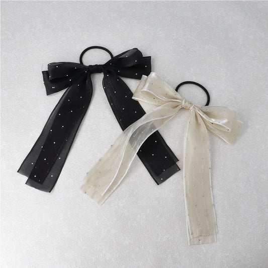 ヘアゴム ダブル リボン オーガンジー ドット シアー シマー ロング ヘアポニー