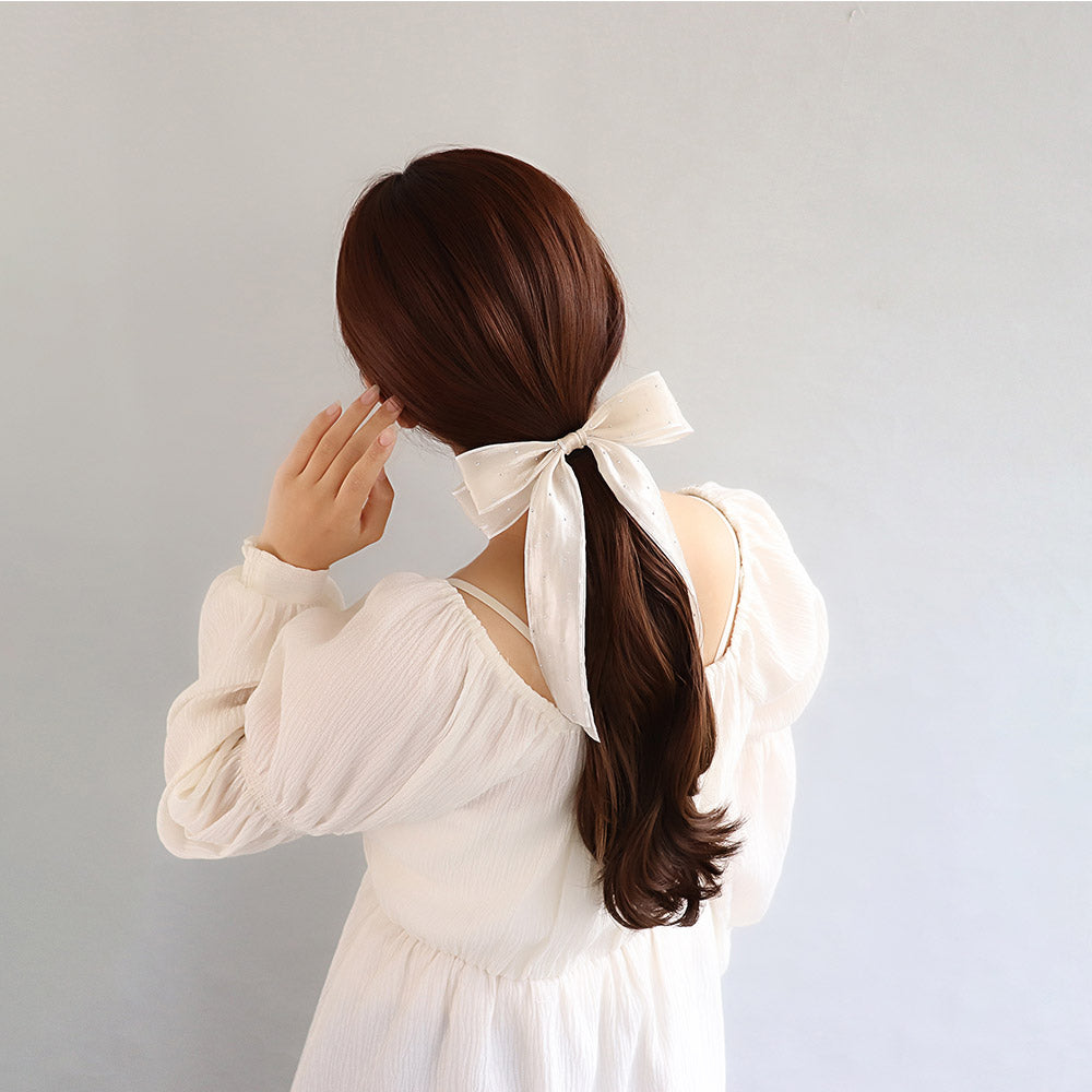 ヘアゴム ダブル リボン オーガンジー ドット シアー シマー ロング ヘアポニー