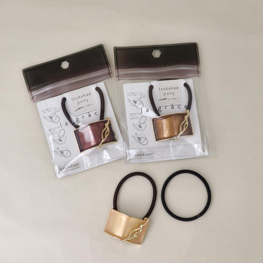 ヘアゴム tsukekae pony メタル フレーム スラッシュ ウェーブ ライン レクタングル シック クリアカラー ヘアゴム2本付き(ブラウン/ブラック)