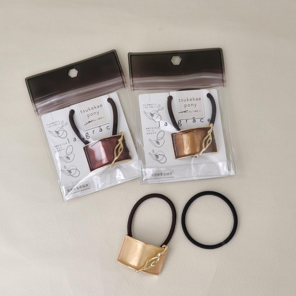 ヘアゴム tsukekae pony メタル フレーム スラッシュ ウェーブ ライン レクタングル シック クリアカラー ヘアゴム2本付き（ブラウン/ブラック）