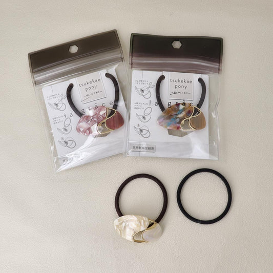 ヘアゴム tsukekae pony オーバル メタル クロス ライン 透かし マーブル カラー ヘアゴム2本付き(ブラウン/ブラック)