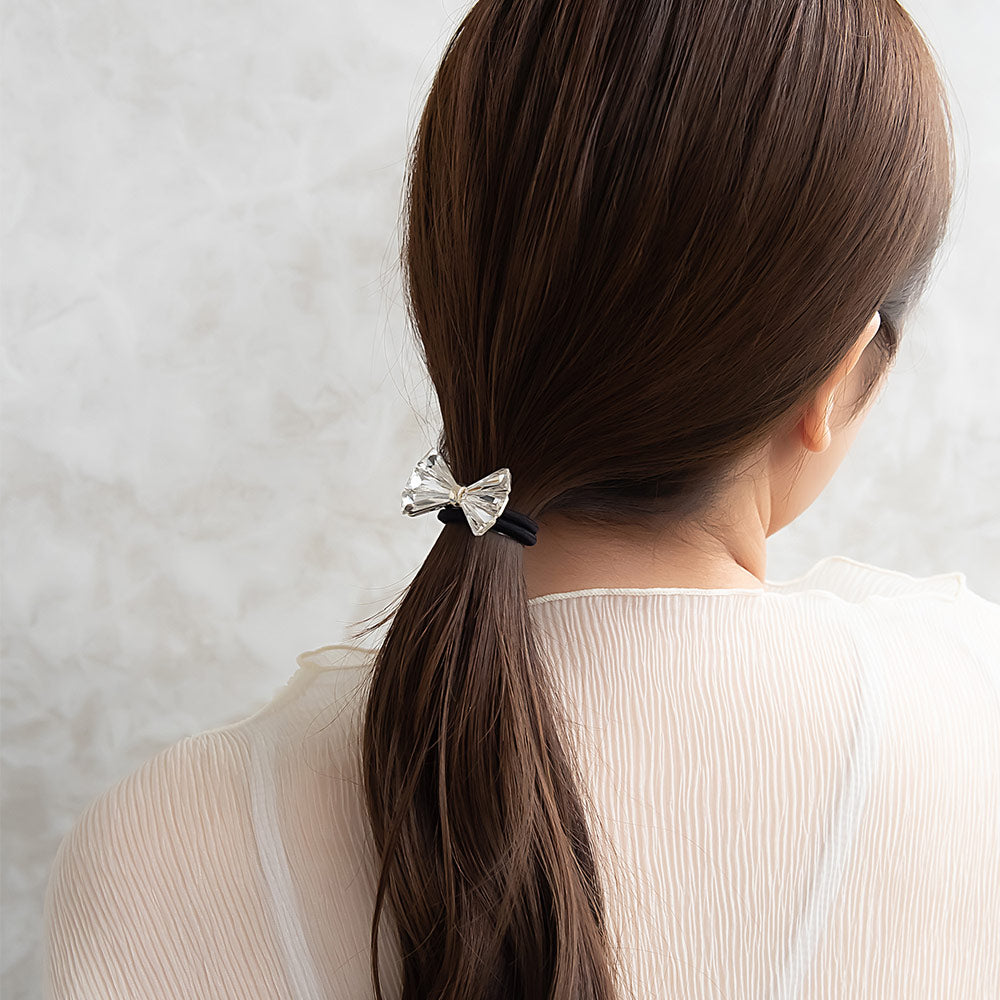 ヘアゴム ストーン クリア カラー リボン ビジュー メタル ヘアポニー