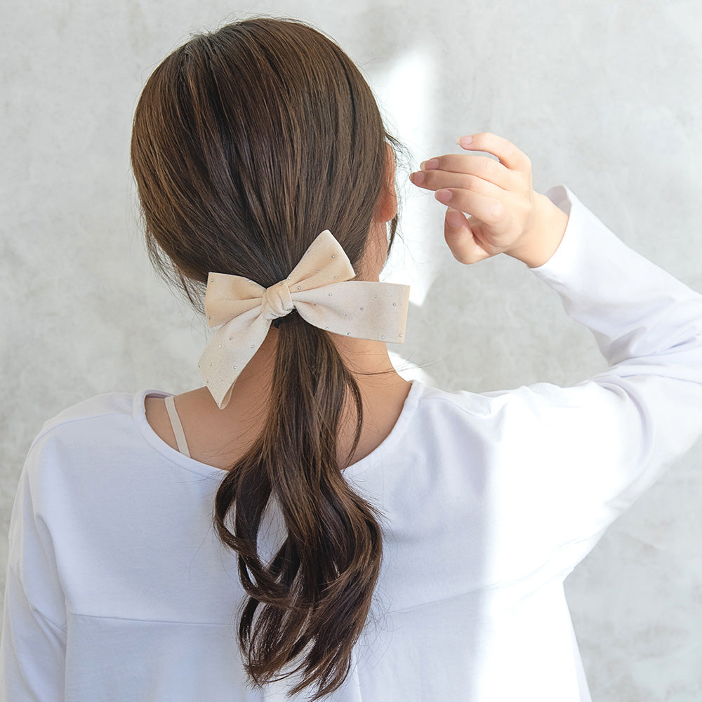 ヘアゴム ベロア ストーン ドット柄リボン ベーシックカラー