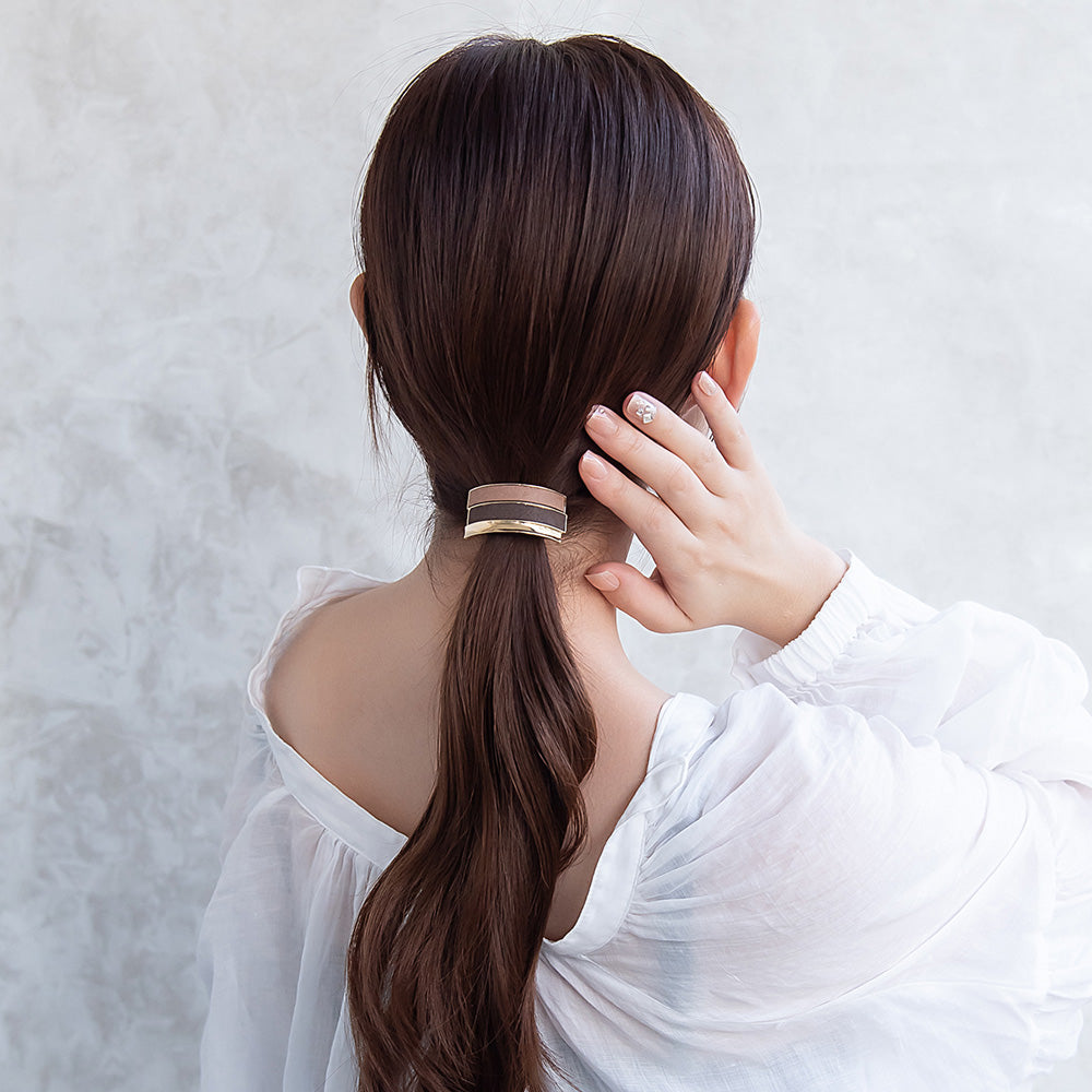ヘアゴム tsukekae pony メタル ライン スエード風 ヘアゴム2本付き（ブラウン/ブラック）