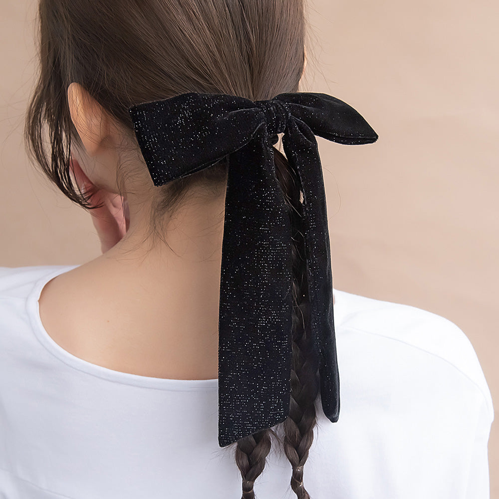 ヘアゴム ブラック ラメ ベロア リボン ロング