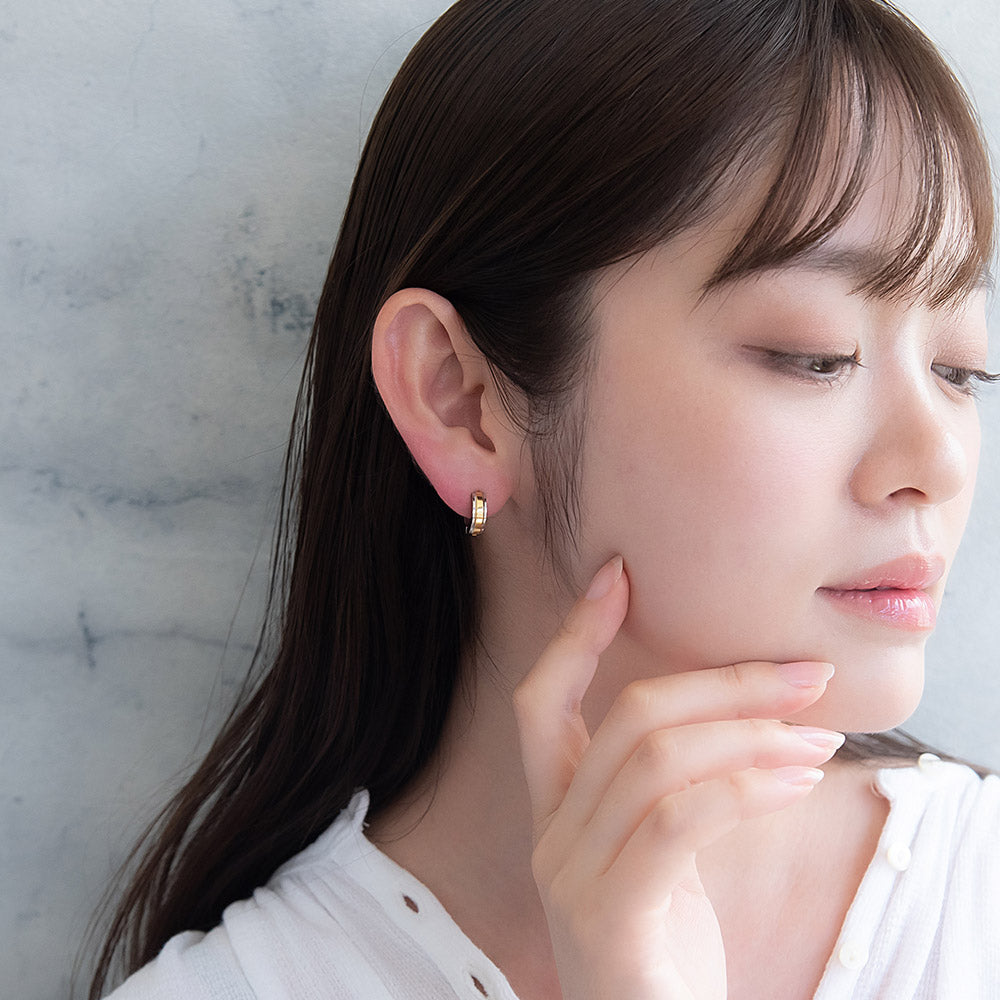ピアス ステンレス コンビカラー ライン ステンレスポスト ミニ ワンタッチ キャッチレス フープピアス