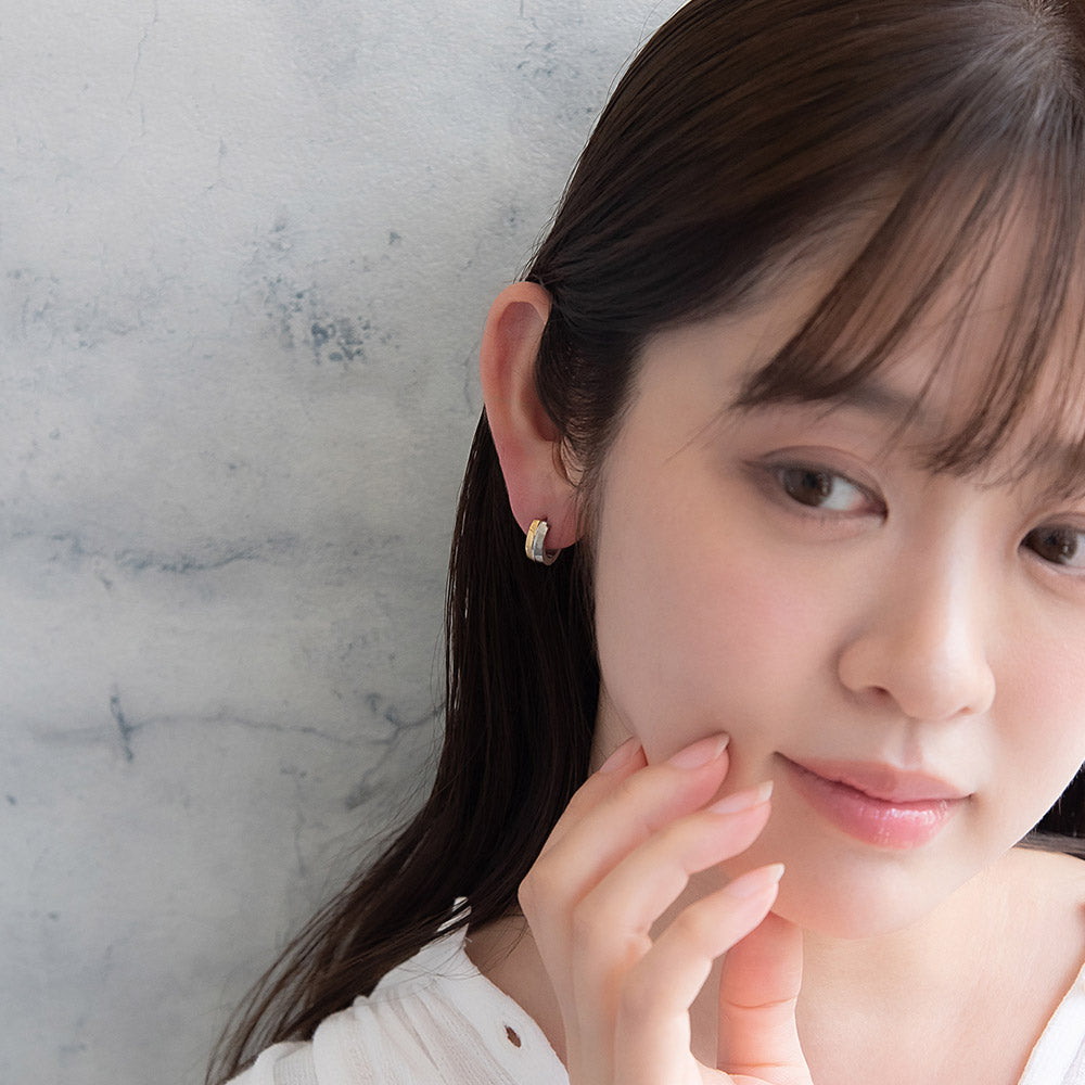 ピアス ステンレス コンビカラー ダブル ライン ステンレスポスト ミニ ワンタッチ キャッチレス フープピアス