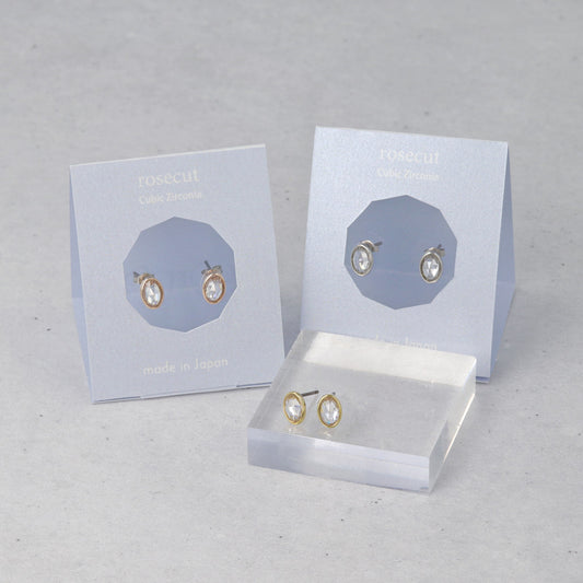 ピアス ニッケルフリー rose cut キュービックジルコニア メタル フレーム オーバル チタンポスト スタッドピアス