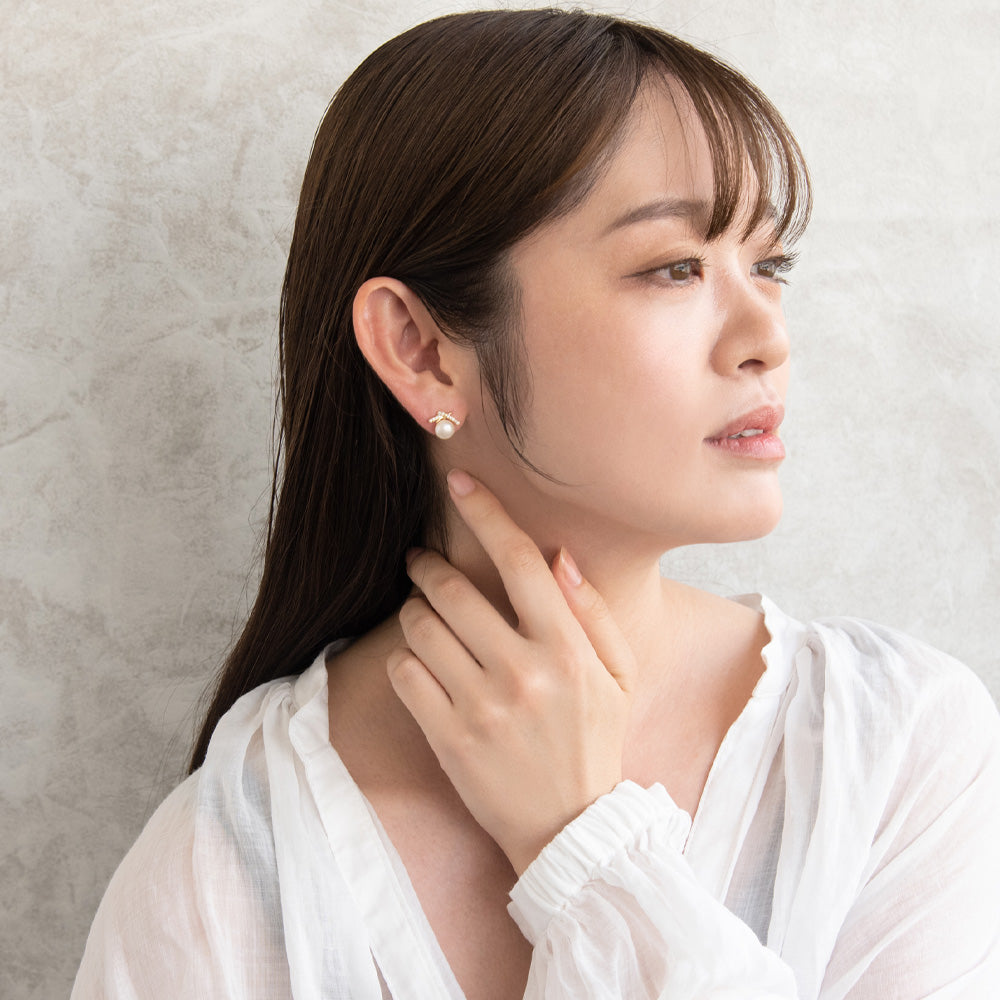 ピアス ニッケルフリー メタル ミニ キュービックジルコニア 淡水パール リボン チタンポスト スタッドピアス