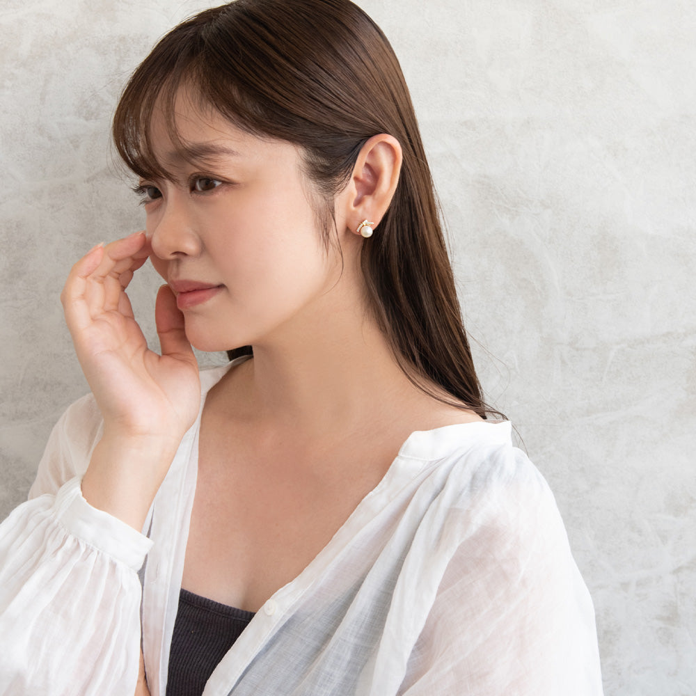 ピアス ニッケルフリー メタル ミニ キュービックジルコニア 淡水パール リボン チタンポスト スタッドピアス