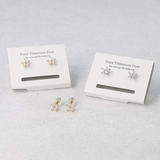 ピアス ニッケルフリー メタル キュービックジルコニア フラワー ダブルロックキャッチ ピュアチタニウムポスト スタッドピアス