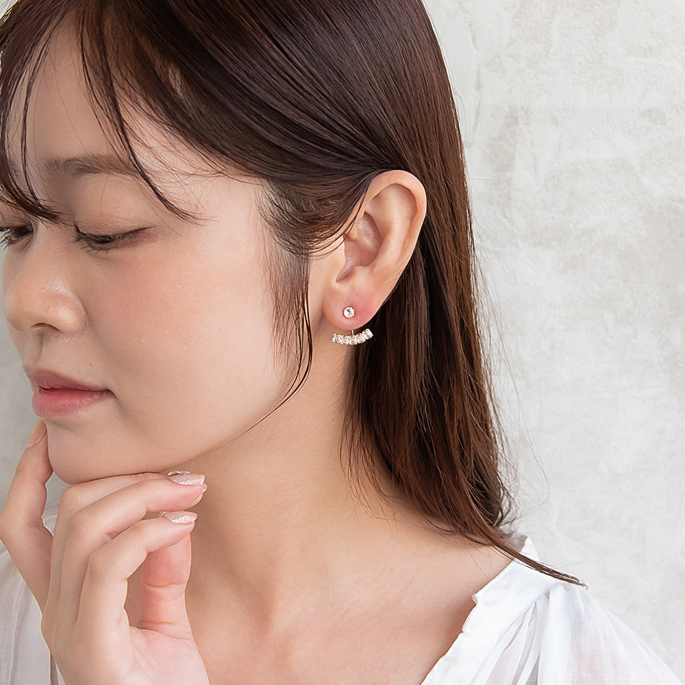 ピアス ニッケルフリー メタル キュービックジルコニア スクエアカット カーブ ライン バックキャッチ チタンポスト スタッドピアス