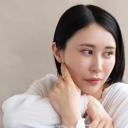 リング ステンレス キュービックジルコニア トリプル ウェーブ ライン フリーサイズ 指輪