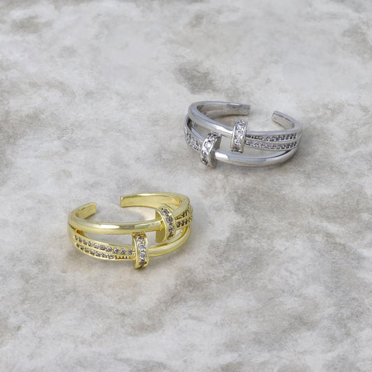 リング ステンレス キュービックジルコニア ライン 2連風 フリーサイズ 指輪