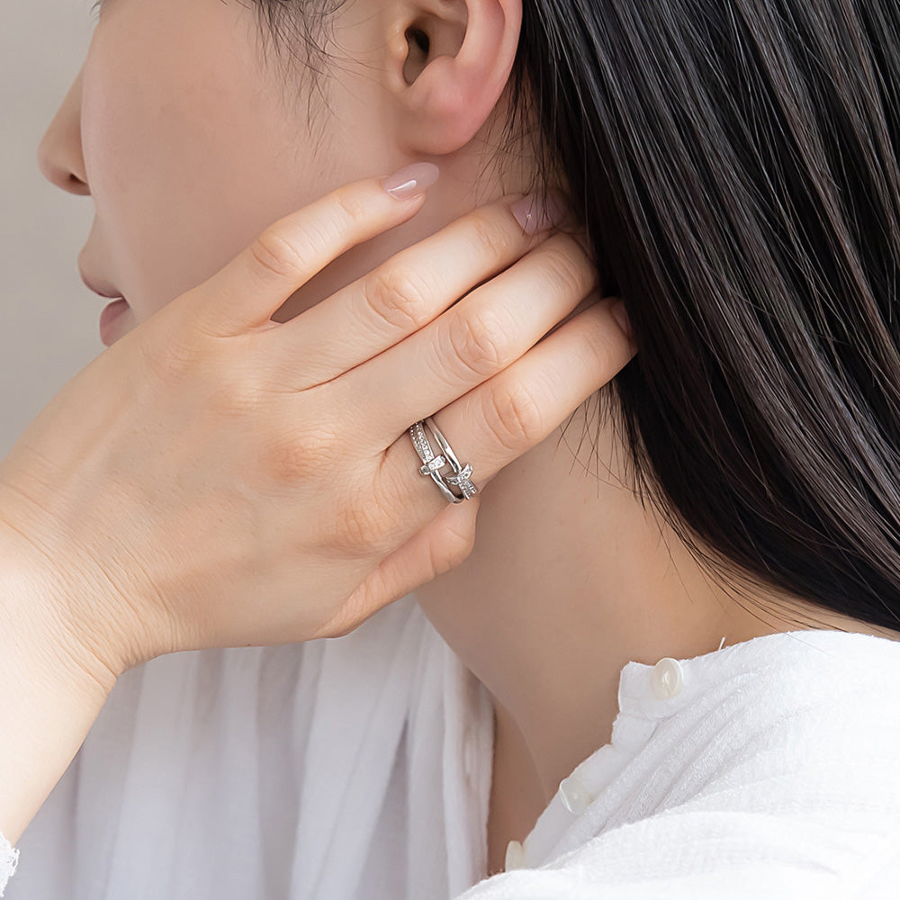 リング ステンレス キュービックジルコニア ライン 2連風 フリーサイズ 指輪