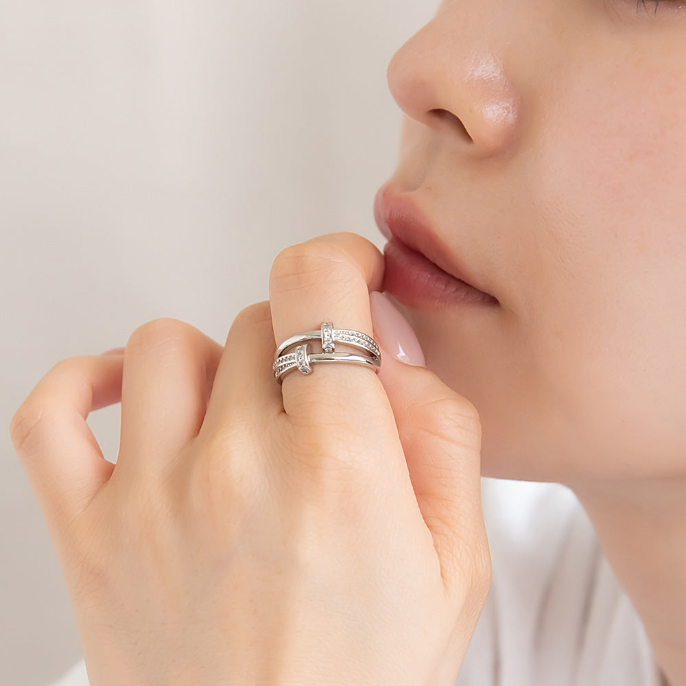 リング ステンレス キュービックジルコニア ライン 2連風 フリーサイズ 指輪