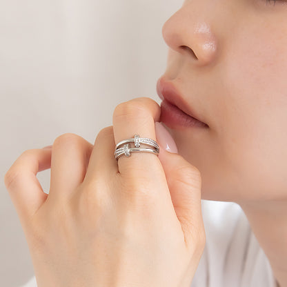 リング ステンレス キュービックジルコニア ライン 2連風 フリーサイズ 指輪