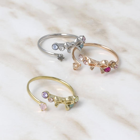 リング ニッケルフリー メタル カラー ストーン ミニ リボン フリーサイズ 指輪 ピンキーリング