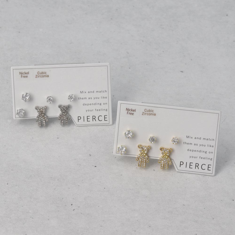 ピアス ニッケルフリー メタル キュービックジルコニア クマ 6個セット シルバー925ポスト スタッドピアス