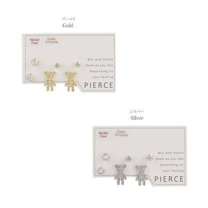 ピアス ニッケルフリー メタル キュービックジルコニア クマ 6個セット シルバー925ポスト スタッドピアス