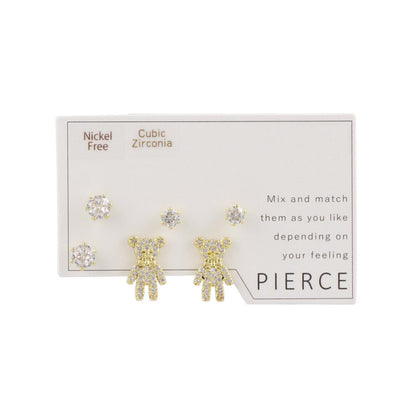 ピアス ニッケルフリー メタル キュービックジルコニア クマ 6個セット シルバー925ポスト スタッドピアス