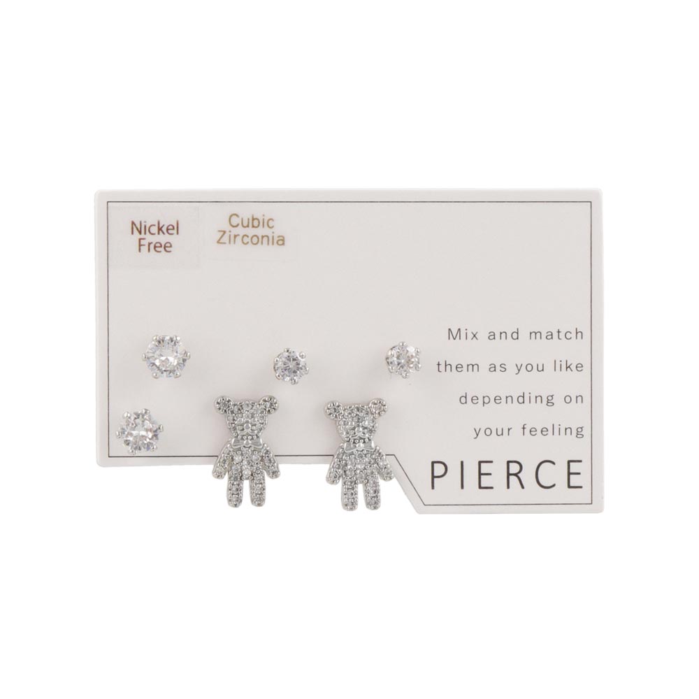 ピアス ニッケルフリー メタル キュービックジルコニア クマ 6個セット シルバー925ポスト スタッドピアス