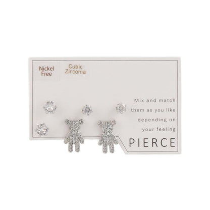 ピアス ニッケルフリー メタル キュービックジルコニア クマ 6個セット シルバー925ポスト スタッドピアス