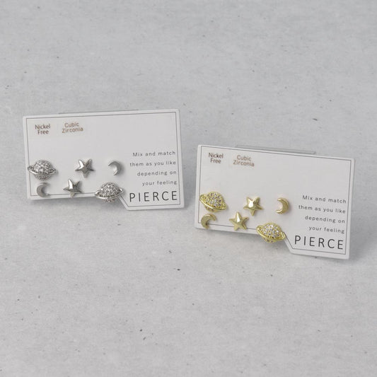ピアス ニッケルフリー メタル キュービックジルコニア 三日月 星 惑星 6個セット シルバー925ポスト スタッドピアス