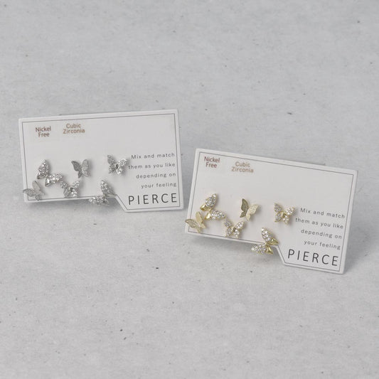 ピアス ニッケルフリー メタル キュービックジルコニア バタフライ 6個セット スタッドピアス