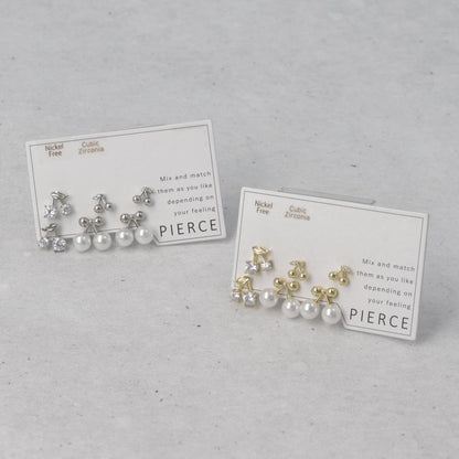 ピアス ニッケルフリー メタル キュービックジルコニア パール チェリー 6個セット スタッドピアス
