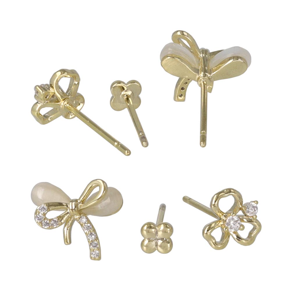 ピアス ニッケルフリー メタル キュービックジルコニア 合成キャッツアイ リボン クローバー 6個セット スタッドピアス