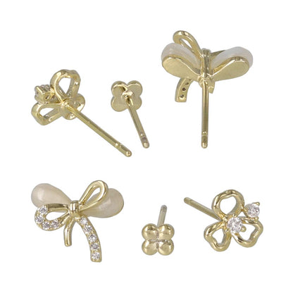 ピアス ニッケルフリー メタル キュービックジルコニア 合成キャッツアイ リボン クローバー 6個セット スタッドピアス