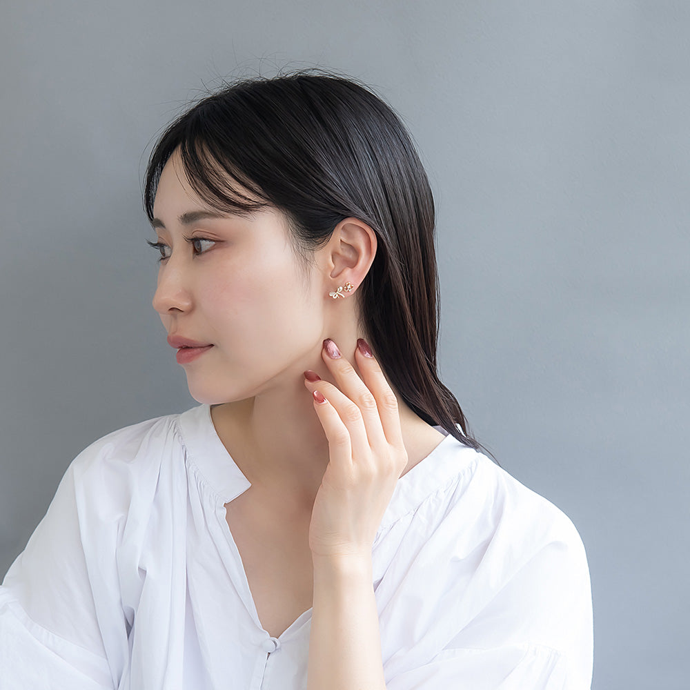 ピアス ニッケルフリー メタル キュービックジルコニア 合成キャッツアイ リボン クローバー 6個セット スタッドピアス