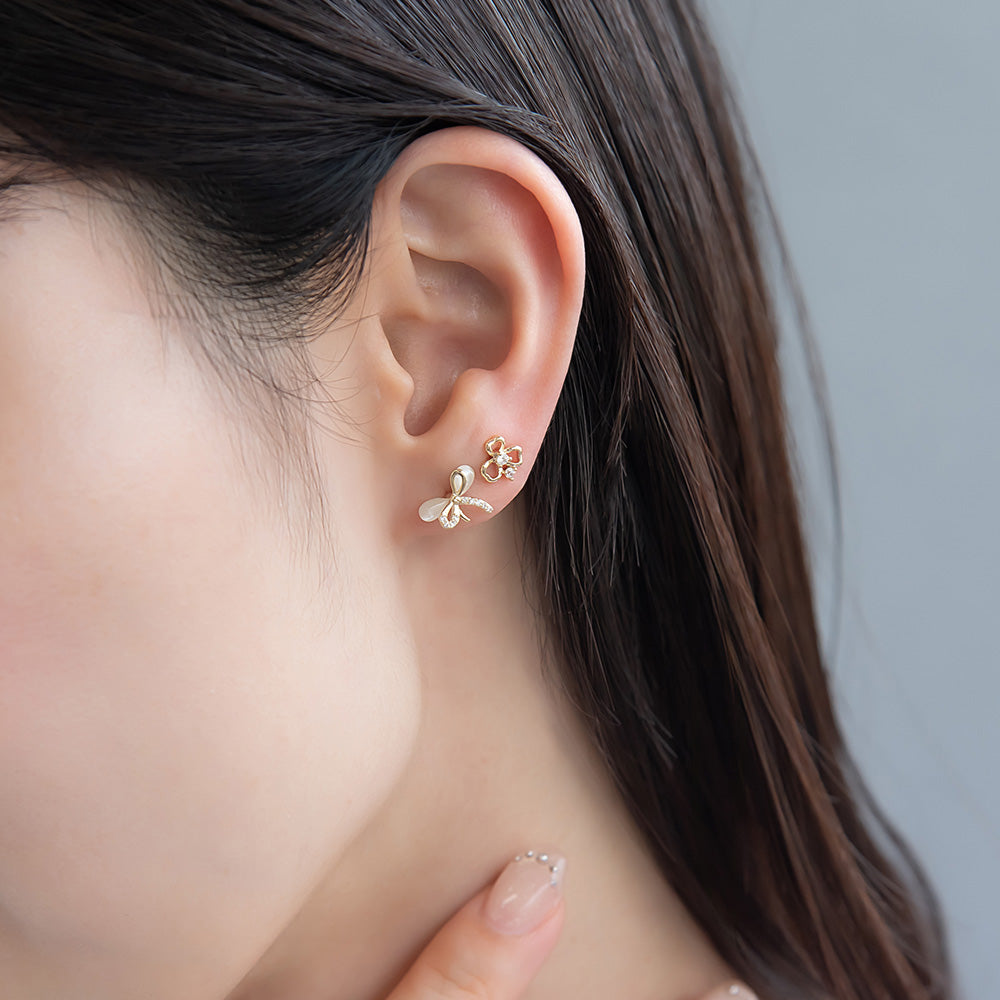 ピアス ニッケルフリー メタル キュービックジルコニア 合成キャッツアイ リボン クローバー 6個セット スタッドピアス