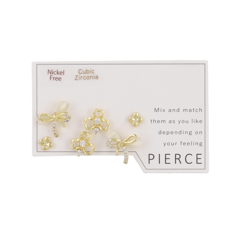 ピアス ニッケルフリー メタル キュービックジルコニア 合成キャッツアイ リボン クローバー 6個セット スタッドピアス