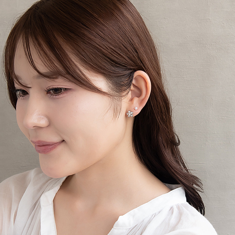 ピアス ニッケルフリー メタル リボン フラワー 釈迦玉ボール パール 6個セット チタンポスト スタッドピアス