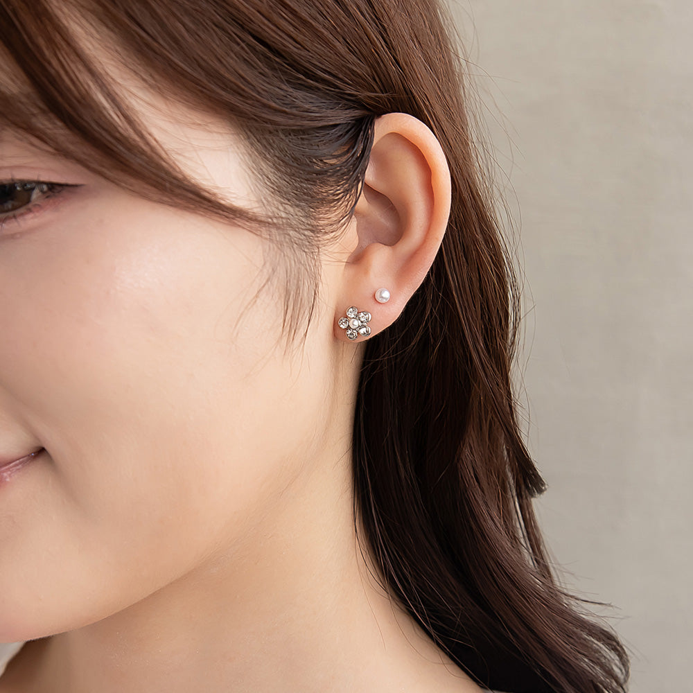 ピアス ニッケルフリー メタル リボン フラワー 釈迦玉ボール パール 6個セット チタンポスト スタッドピアス