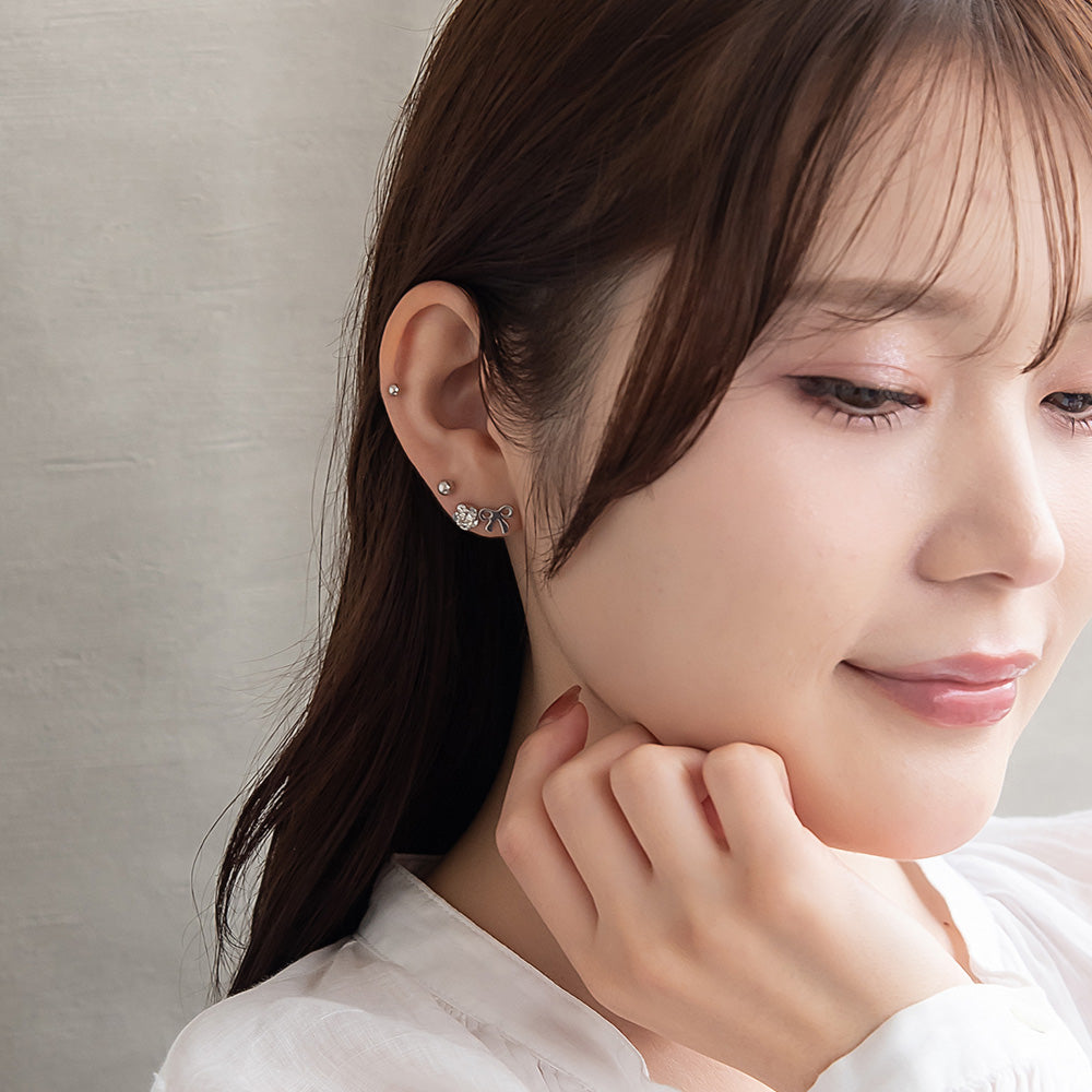 ピアス ニッケルフリー メタル リボン フラワー 釈迦玉ボール パール 6個セット チタンポスト スタッドピアス